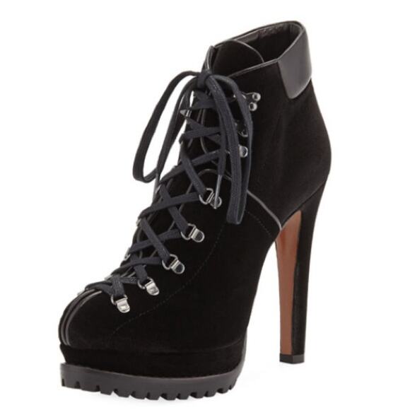 Alaïa Black Velvet Platform Hiker Boots NEW EU 38 Lace-up Leather trim - Picture 1 of 11